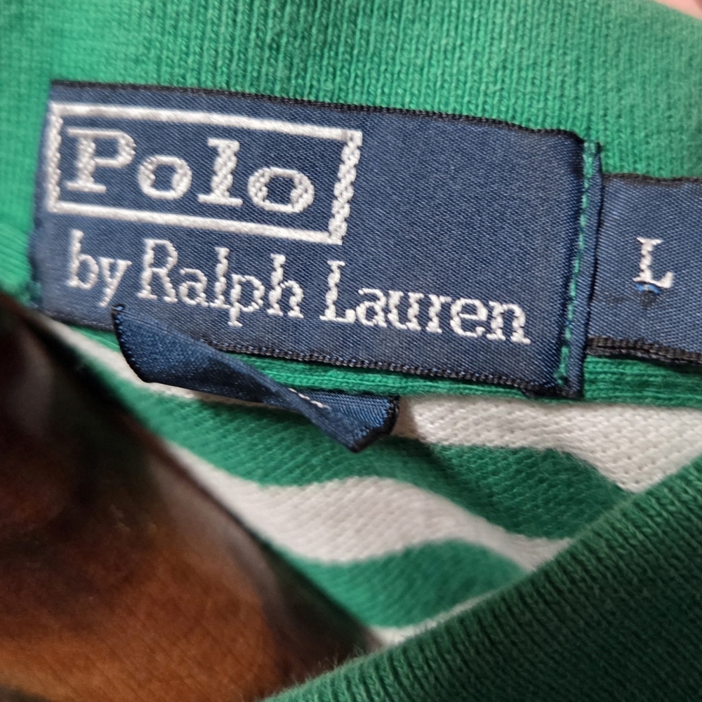 Vintage Y2K Polo Ralph Lauren Green White Striped Polo Yellow Pony Size Large - Picture 4 of 5